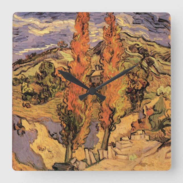 Poplars on Road Through Hills by Vincent van Gogh Square Wall Clock (Front)