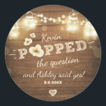 Popped the Question Engagement Wedding Popcorn Classic Round Sticker<br><div class="desc">♥ Your own Sticker,  Cupcake Topper,  Favour Tag or Envelope Seal! He popped the question. Text and background colour are editable!</div>