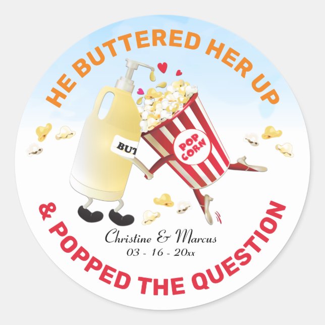 Popped The Question Popcorn & Butter Engagement Classic Round Sticker (Front)