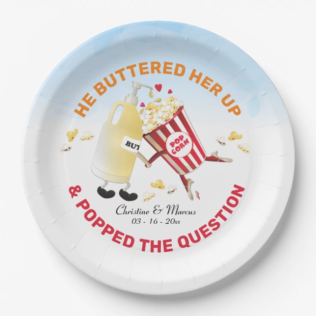 Popped The Question Popcorn & Butter Engagement Paper Plate (Front)