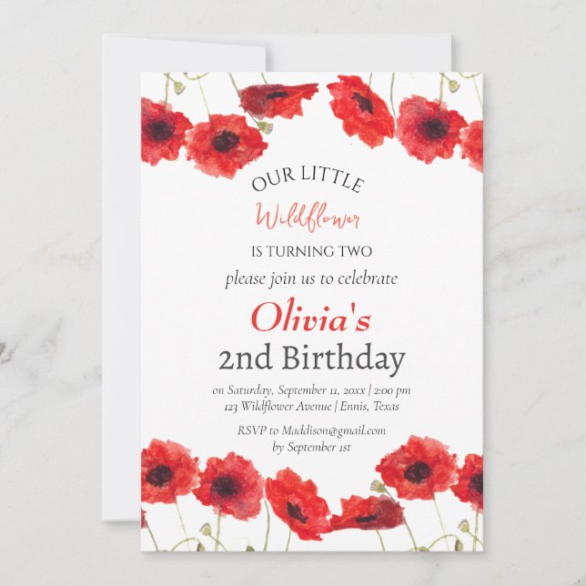 Poppies 2nd Second Birthday Girl Red Floral  Invitation (Front)