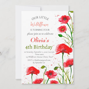 Poppies 4th Birthday Girl Red Floral Poppy Invitation