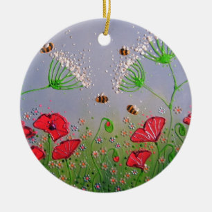 Poppies and Bees Ceramic Ornament