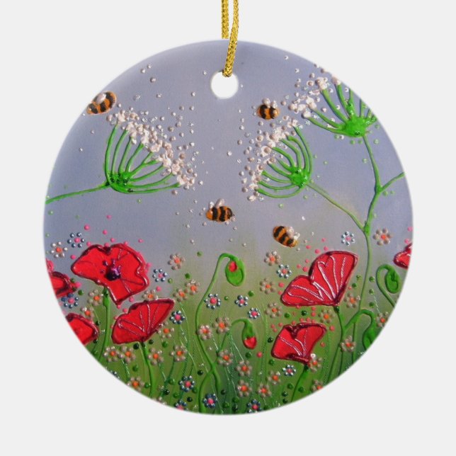 Poppies and Bees Ceramic Ornament (Front)