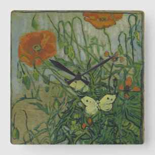 Poppies and Butterflies by Vincent Van Gogh Square Wall Clock