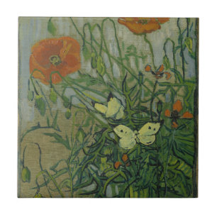 Poppies and Butterflies by Vincent Van Gogh Tile