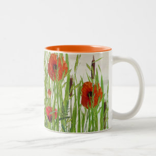 poppies and cattails Two-Tone coffee mug