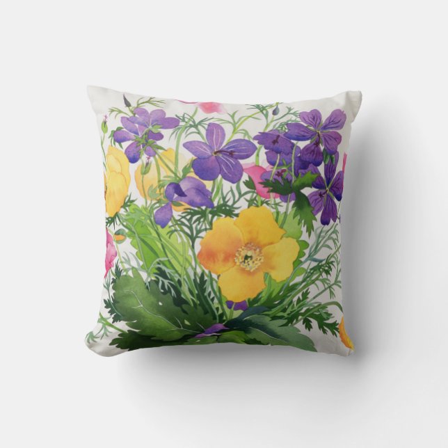 Poppies and Geraniums Throw Pillow (Front)