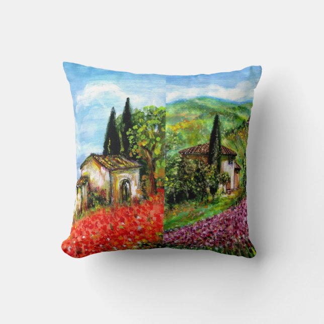 POPPIES AND IRISES IN TUSCANY LANDSCAPE THROW PILLOW (Front)