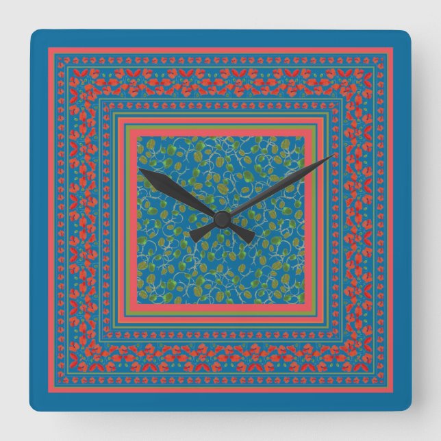 Poppies and Poppy Buds on Blue Square Wall Clock (Front)