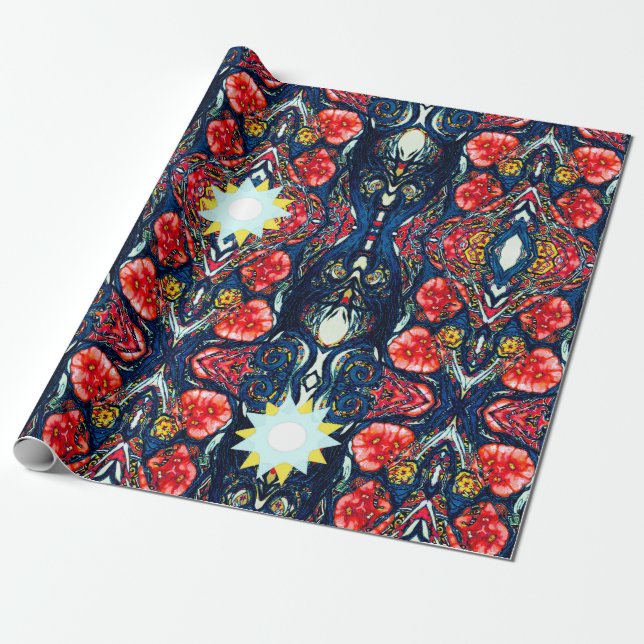 Poppies and Stars Pattern Wrapping Paper (Unrolled)