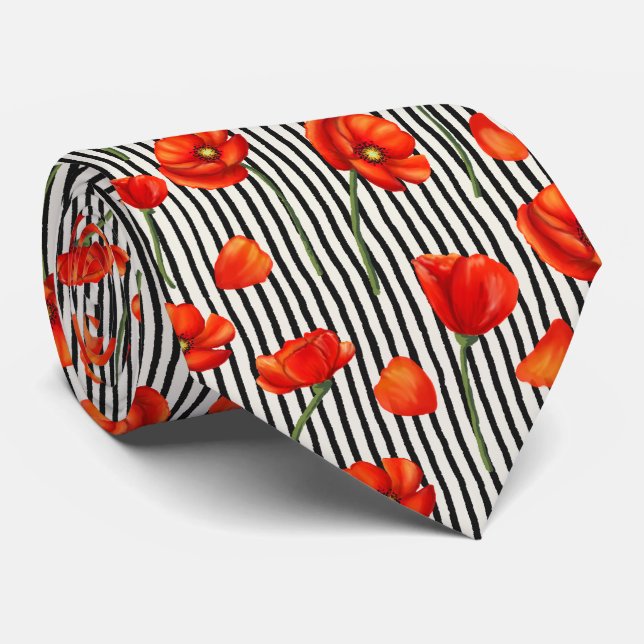 Poppies and stripes pattern tie (Rolled)