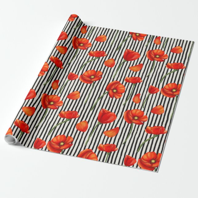 Poppies and stripes pattern wrapping paper (Unrolled)