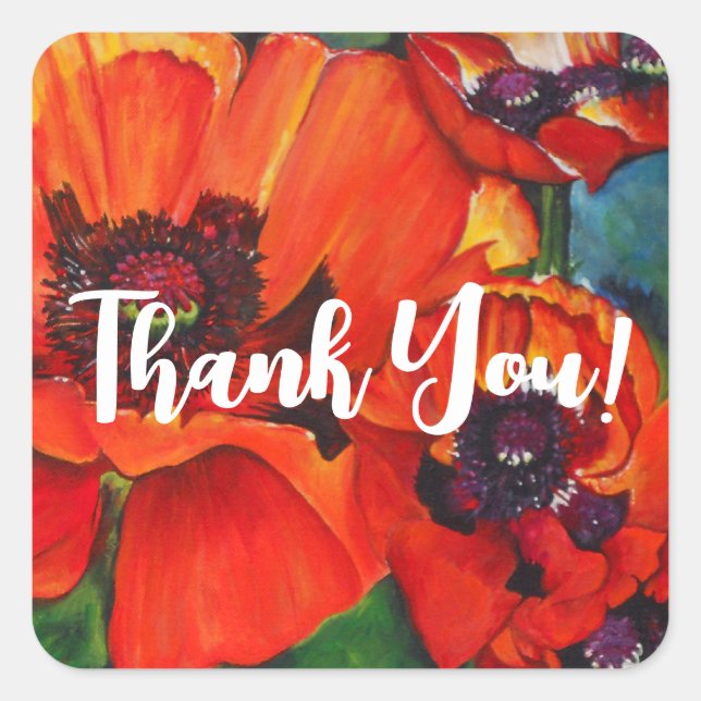 Poppies Art Thank You Square Sticker (Front)