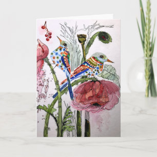 Poppies & Birds - Blank inside greeting card