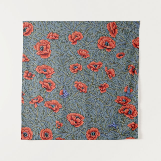 Poppies Blue Butterflies Tapestry (Front)