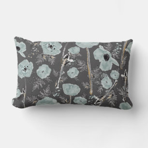  Poppies Blue Grey Black Watercolor Floral Pattern Lumbar Pillow