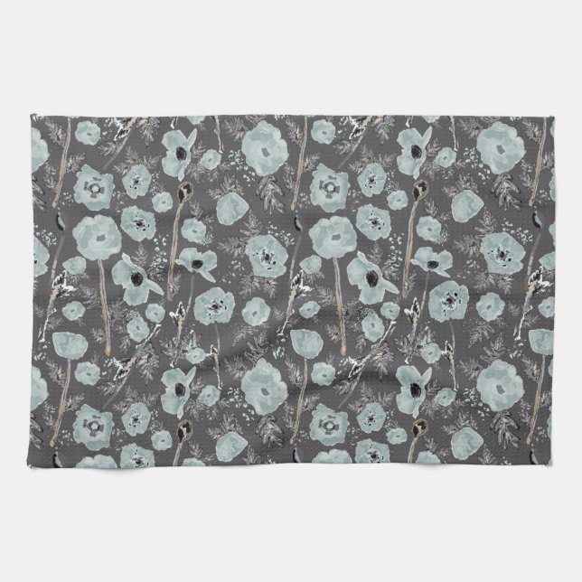 Poppies Blue Grey Black Watercolor Flowers Kitchen Towel (Horizontal)