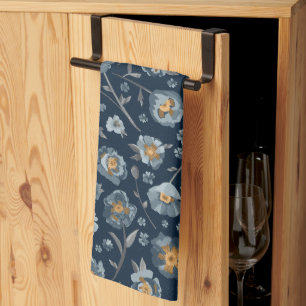 Poppies Blue Grey Floral Pattern Kitchen Towel
