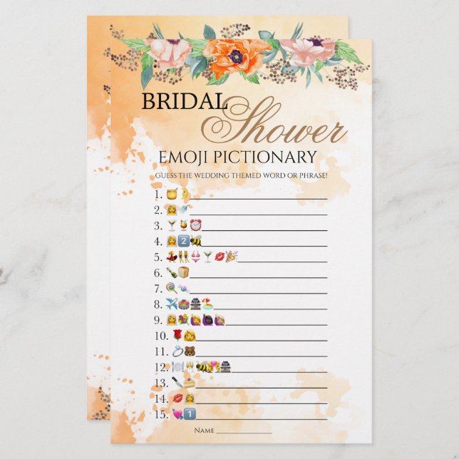 Poppies bridal shower emoji pictionary game (Front/Back)