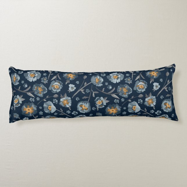 Poppies Charming Blue Grey Floral Body Pillow (Back)