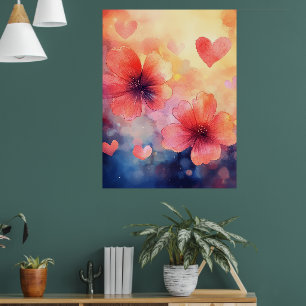 Poppies & Coeurs - Poster d'art de l'aquarelle rom