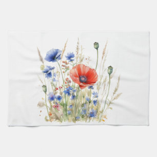  Poppies & Cornflowers: Rustic Meadow Watercolor Kitchen Towel