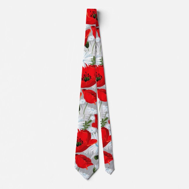 poppies daisies red white tie double sided print (Front)