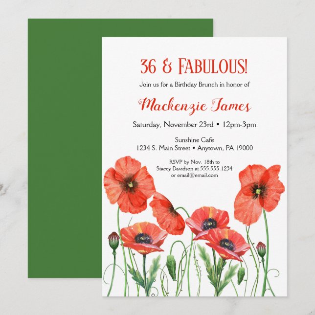 Poppies Floral Birthday Invitation Adult Poppy (Front/Back)