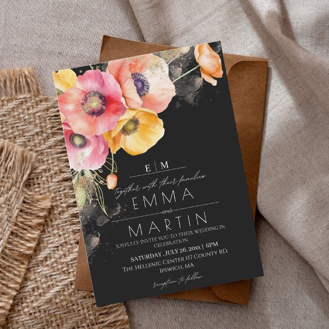  Poppies Floral Red & Black Gold Wedding  Invitation (Creator Uploaded)