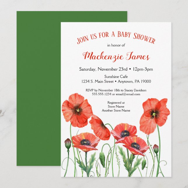 Poppies florales Baby shower Invitation Neutre (Devant / Derrière)