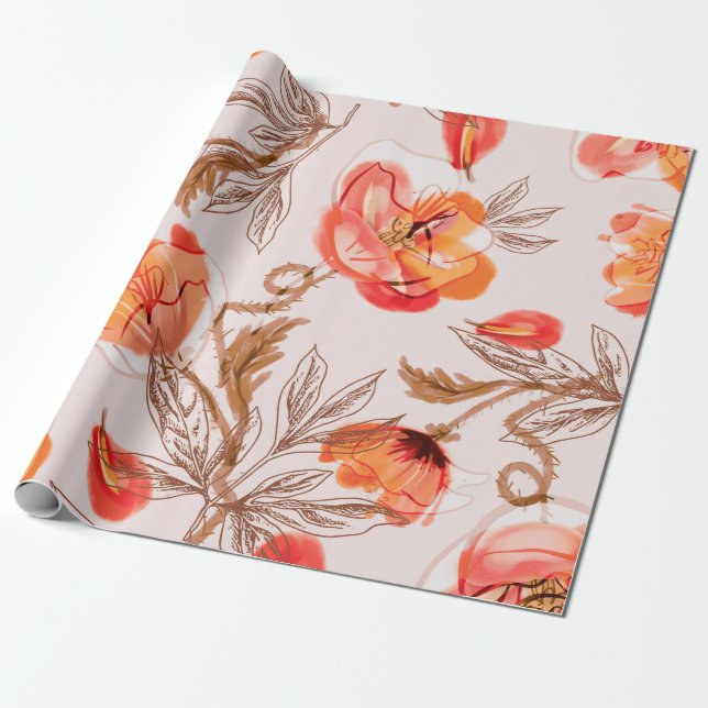 Poppies Flowers Seamless Pattern on a Beige Backgr Wrapping Paper (Unrolled)