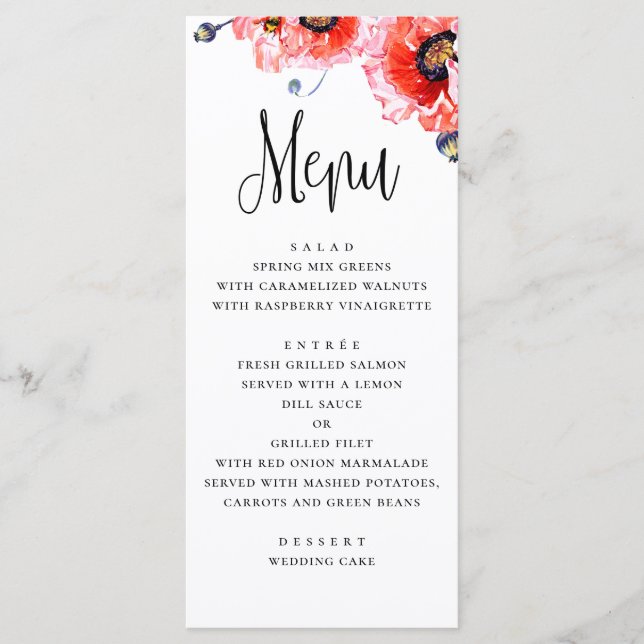 Poppies flowers. Watercolor red floral wedding Menu (Front)