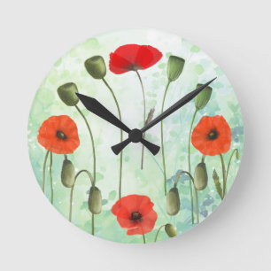 Poppies & greenery round wall clock
