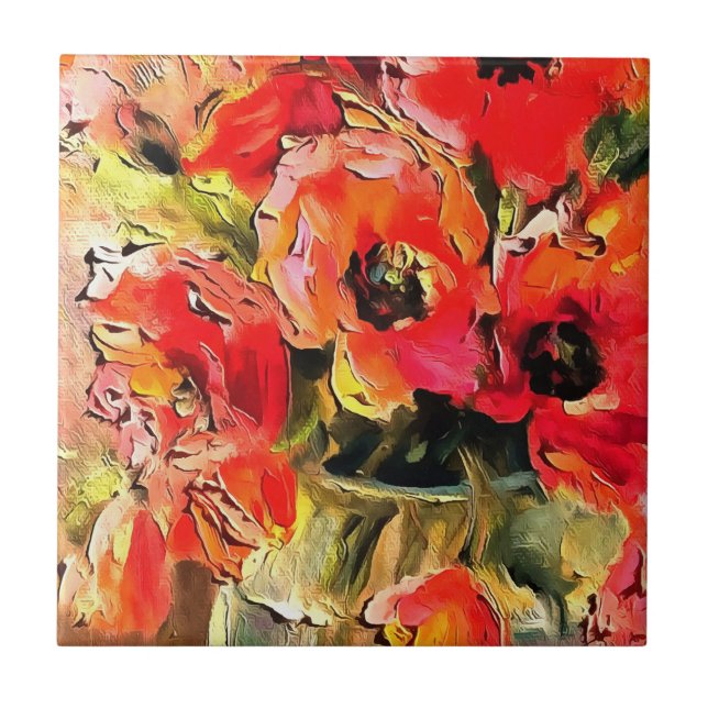 Poppies In A Glass Vase Black Outline Art Tile (Front)