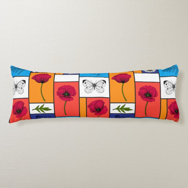 Poppies in colourful boxes body pillow (Front)