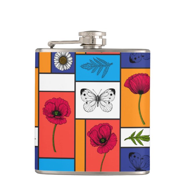 Poppies in colourful boxes hip flask (Front)