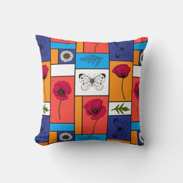 Poppies in colourful boxes throw pillow (Front)