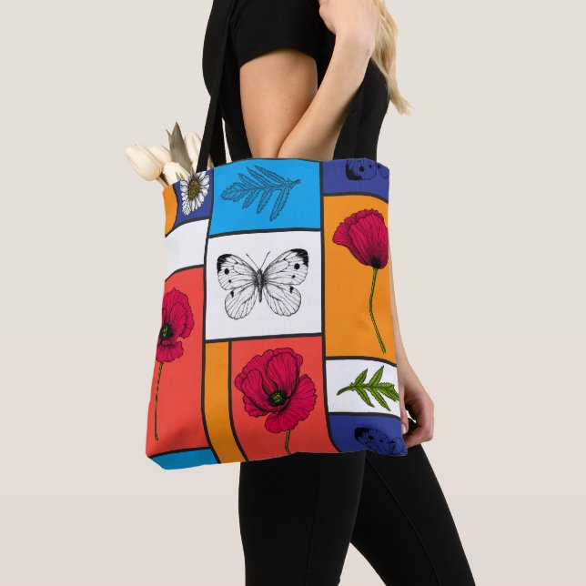 Poppies in colourful boxes tote bag (Close Up)
