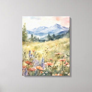 Poppies In The Field Mountains Natural Scene Canvas Print