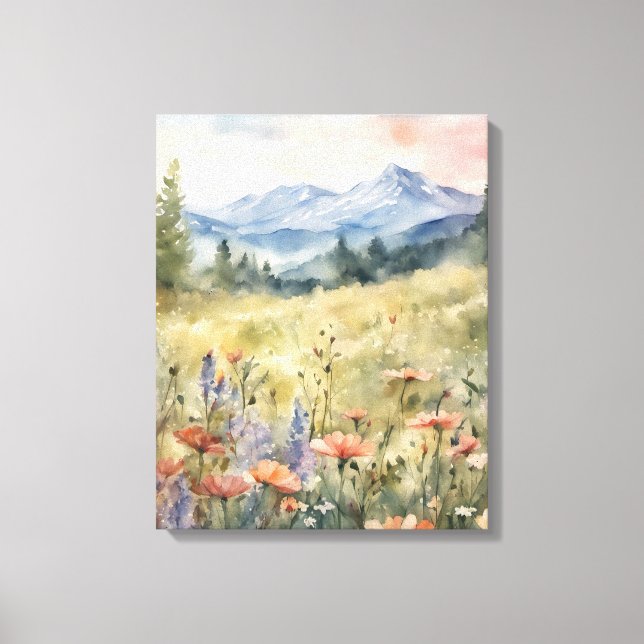 Poppies In The Field Mountains Natural Scene Canvas Print (Front)