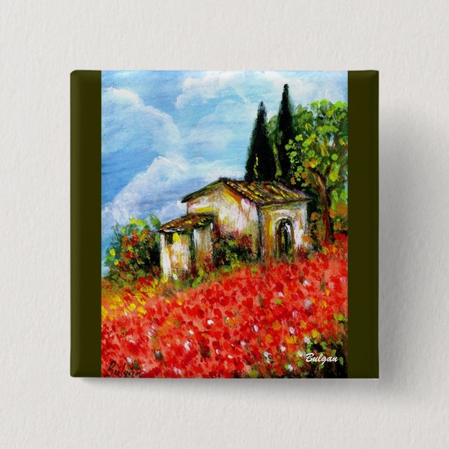 POPPIES IN TUSCANY 2 INCH SQUARE BUTTON (Front)
