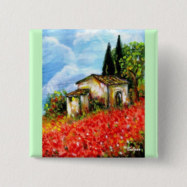 POPPIES IN TUSCANY 2 INCH SQUARE BUTTON (Front)