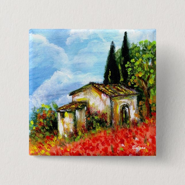 POPPIES IN TUSCANY 2 INCH SQUARE BUTTON (Front)