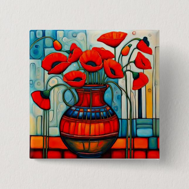 Poppies in vase 2 inch square button (Front)
