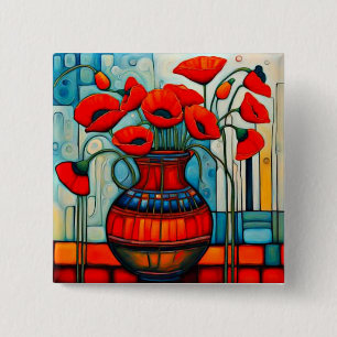 Poppies in vase 2 inch square button