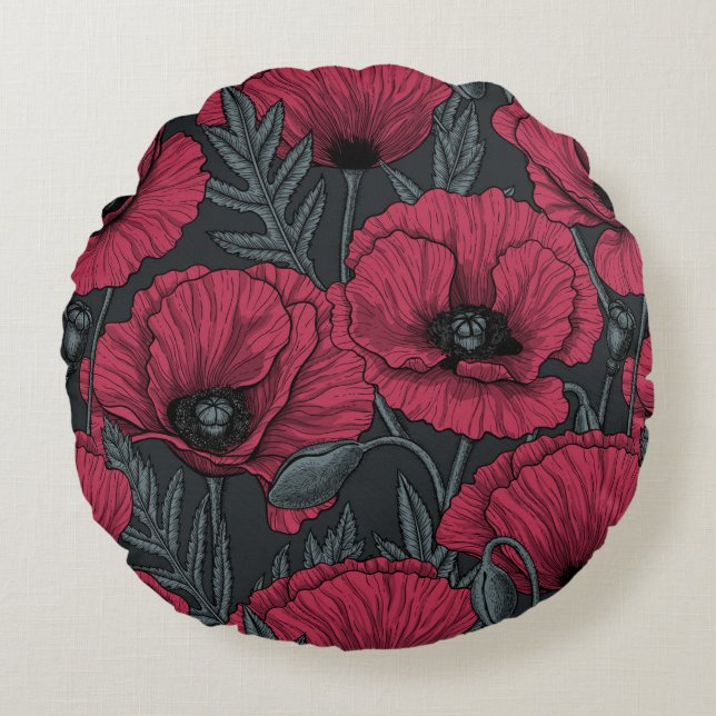 Poppies in Viva Magenta  Round Pillow (Front)