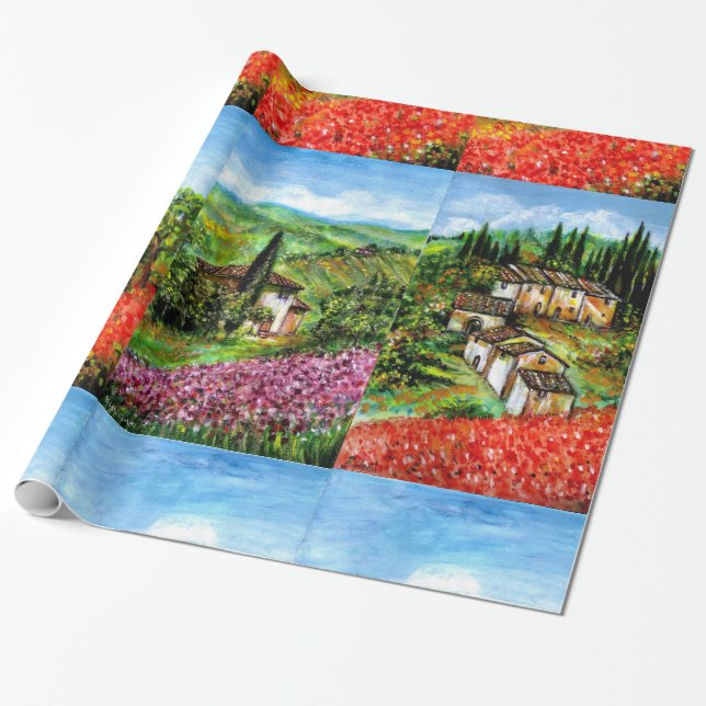 POPPIES, IRISES, ANTIQUE RUSTIC VILLAGE IN TUSCANY WRAPPING PAPER (Unrolled)
