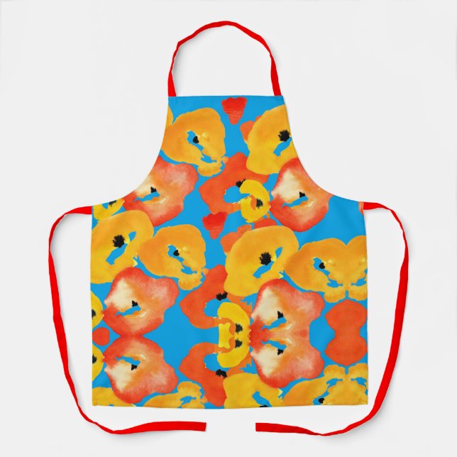 Poppies large flower art red orange apron (Front)
