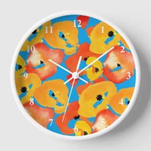 Poppies large flower art red orange clock